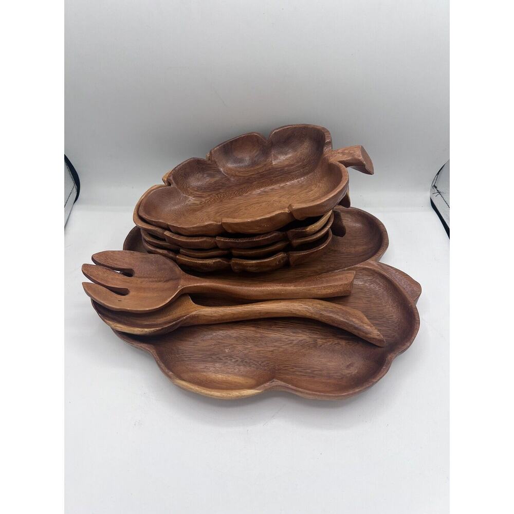 SET of 7 Vintage Sorensen Hawaii Monkey Pod Wood Platter, Plates And Utensils